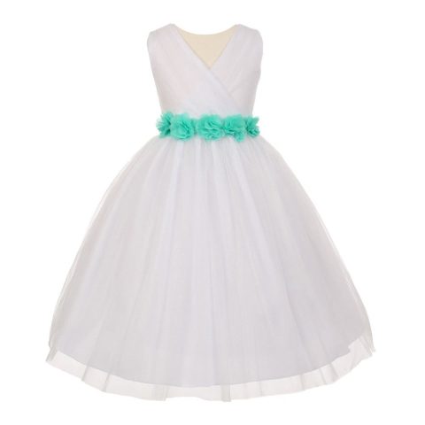 Big Girls White Aqua Chiffon Flowers Tulle Junior Bridesmaid Dress 8-14