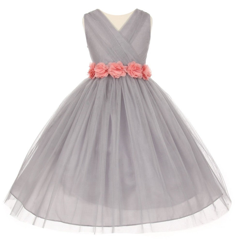 Big Girls Silver Pink Chiffon Flowers Tulle Junior Bridesmaid Dress 8-14