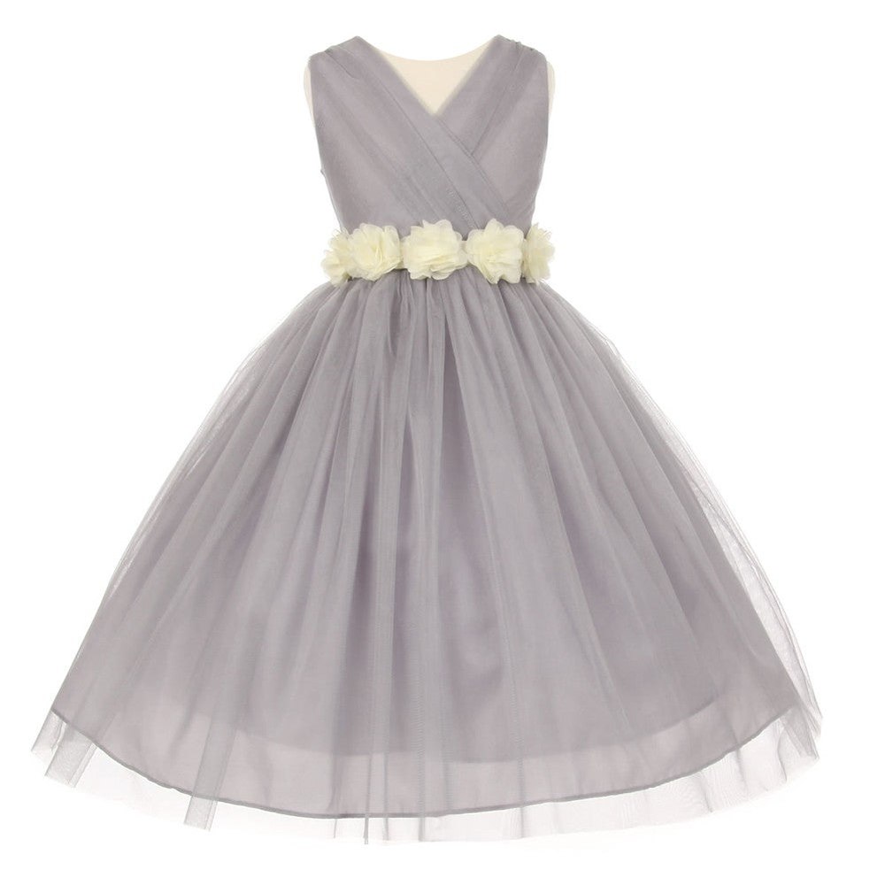 Big Girls Silver Ivory Chiffon Flowers Tulle Junior Bridesmaid Dress 8-14