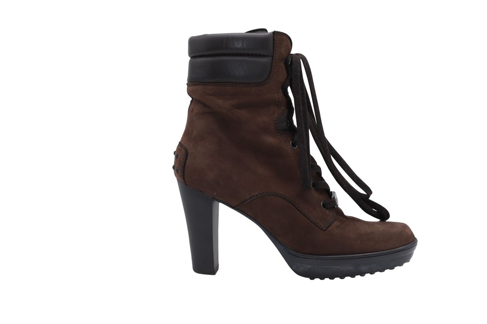 Tod’s Aspen Penny Lu Lace Up Heeled Boots in Brown Suede