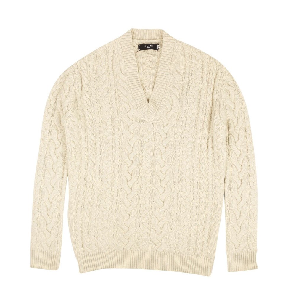 Cream V-Neck Knit Pullover Sweater