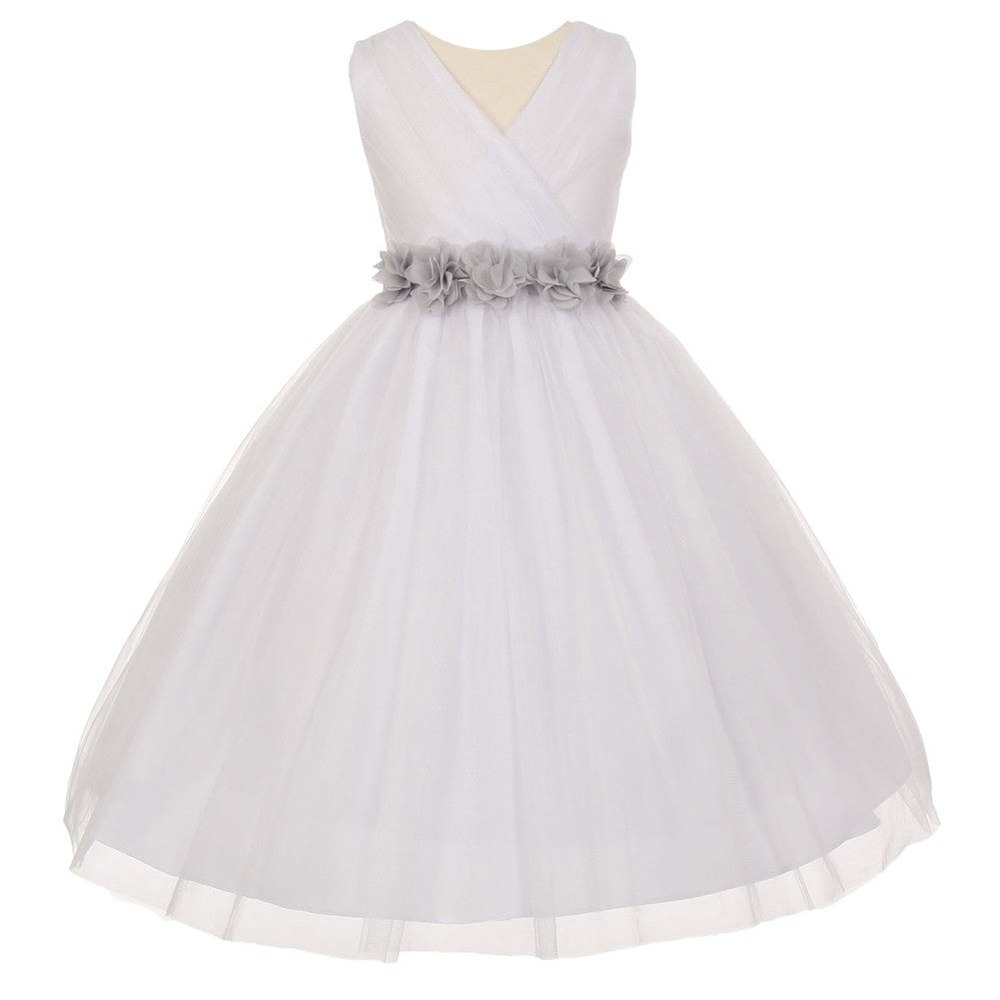 Little Girls White Silver Chiffon Floral Sash Tulle Flower Girl Dress 2-6