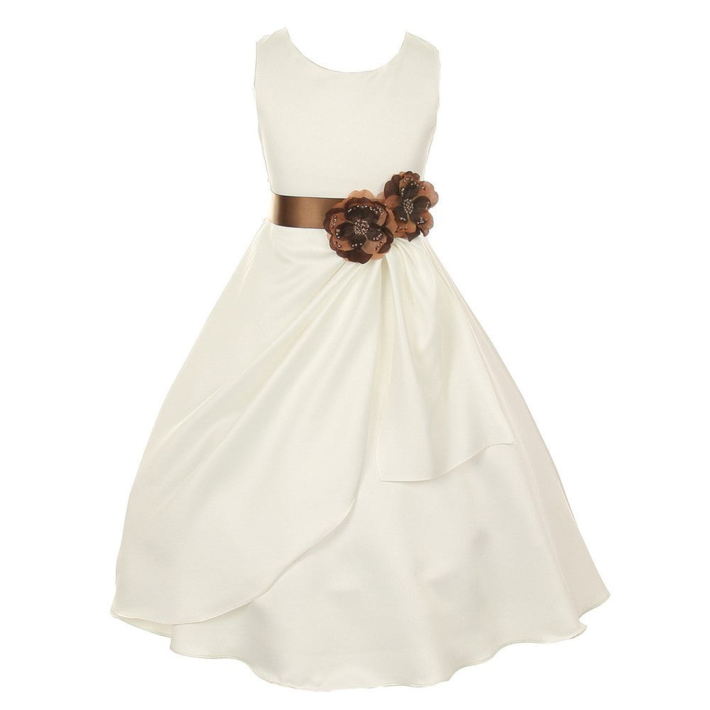 Little Girls Ivory Mocha Bridal Dull Satin Sequin Flowers Occasion Dress 2-6