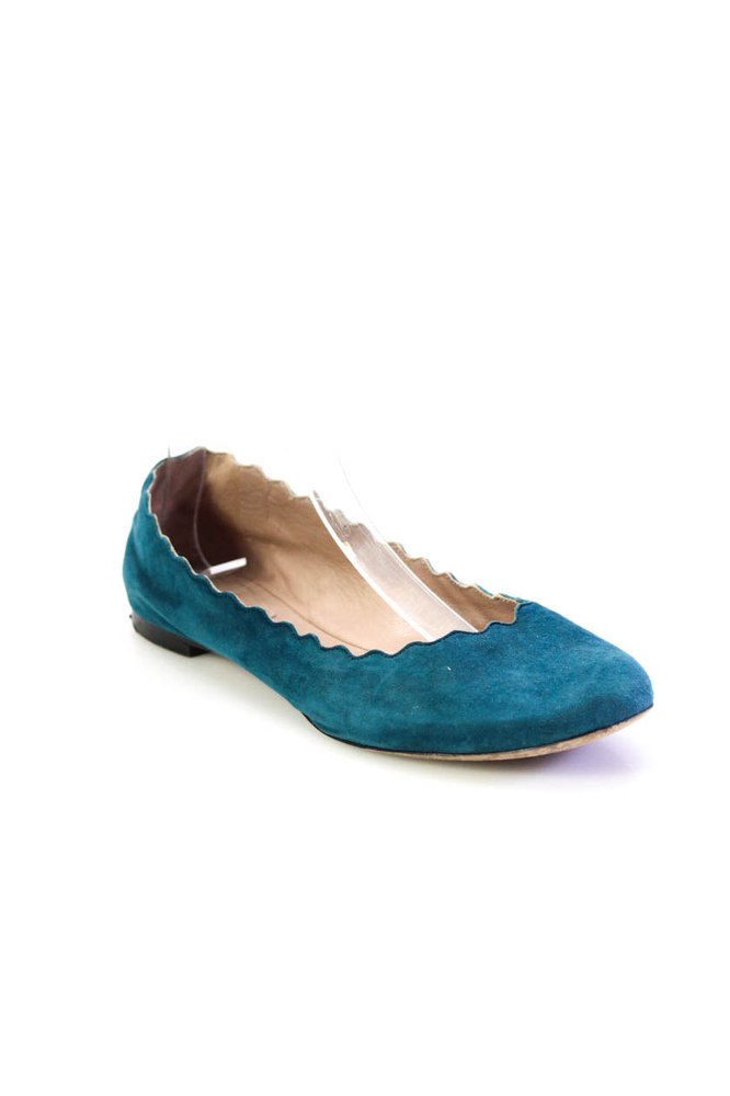 Chloe Womens Dark Green Suede Leather Scalloped Ballet Flats Shoes