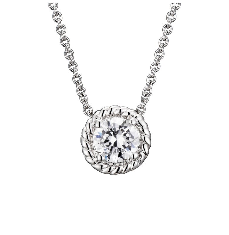 Sterling Silver White Gold Plated with Clear Round Cable Stud Pendant Necklace 7733299871804