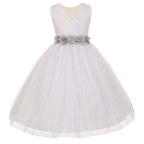 Big Girls White Silver Chiffon Flowers Tulle Junior Bridesmaid Dress 8-14
