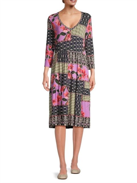 Zanda 3/4 Sleeve Tiered Tea Length Dress In Multi
