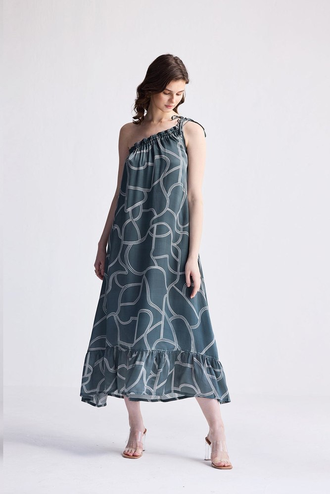 One Shoulder Midi Dress in Abstract Stripes