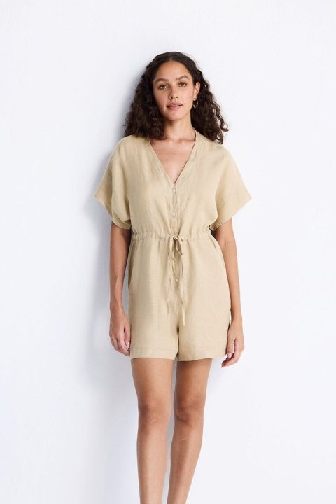 V neck Drawstring Romper in Neutral Beige