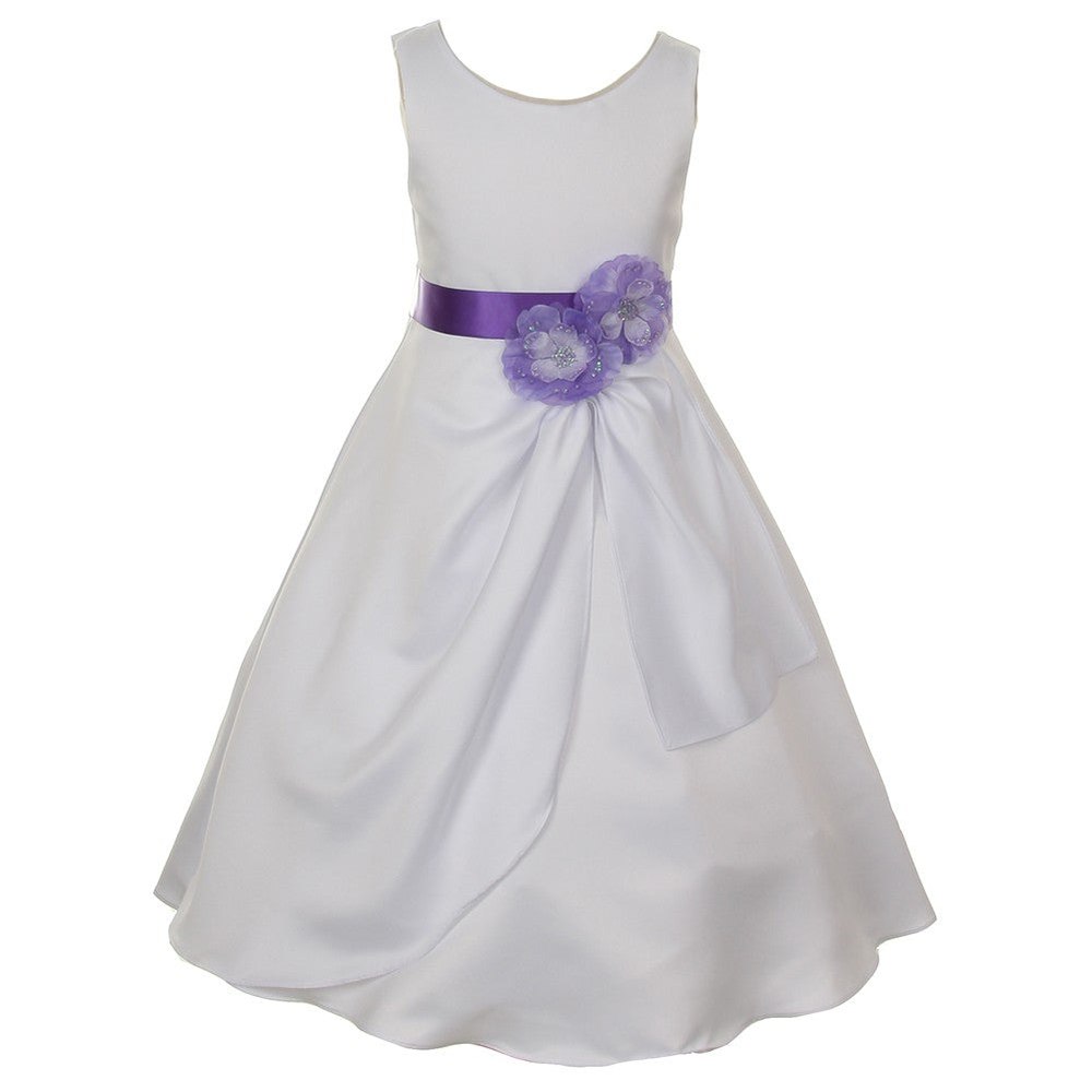 Big Girls White Purple Bridal Dull Satin Sequin Flowers Occasion Dress 8-14