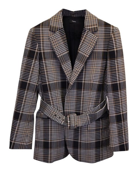 Theory Becket Belted Checked Blazer in Brown Polyester and Wool 7748632576060