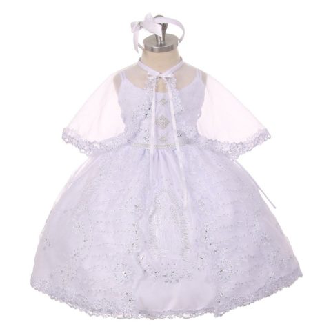 Baby Girls White Rhinestone Virgin Mary Embroidery Baptism Dress 6-12M