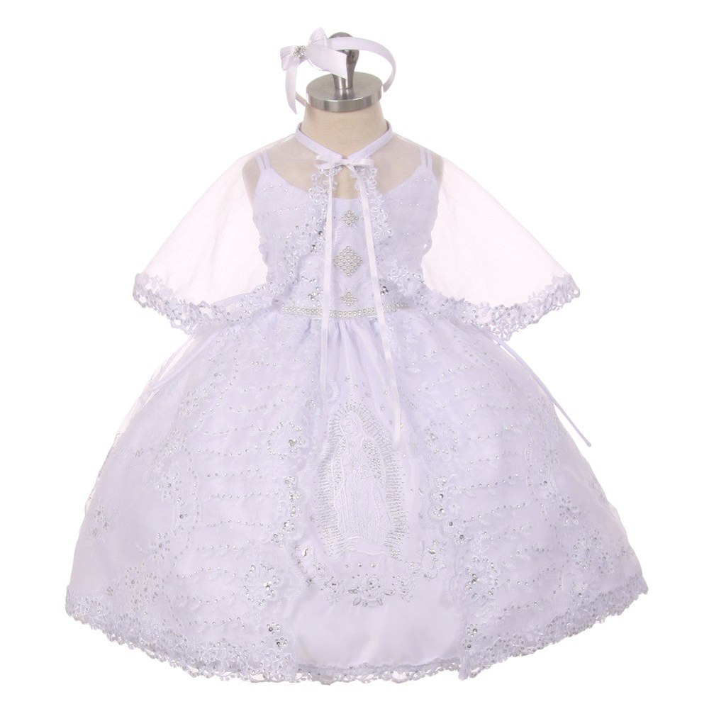 Baby Girls White Rhinestone Virgin Mary Embroidery Baptism Dress 6-12M