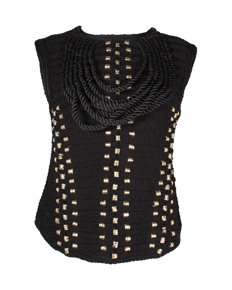 Balmain x H&M Rope Trimmed Gold Ring Embellished Blouse in Black Viscose 7748645322812