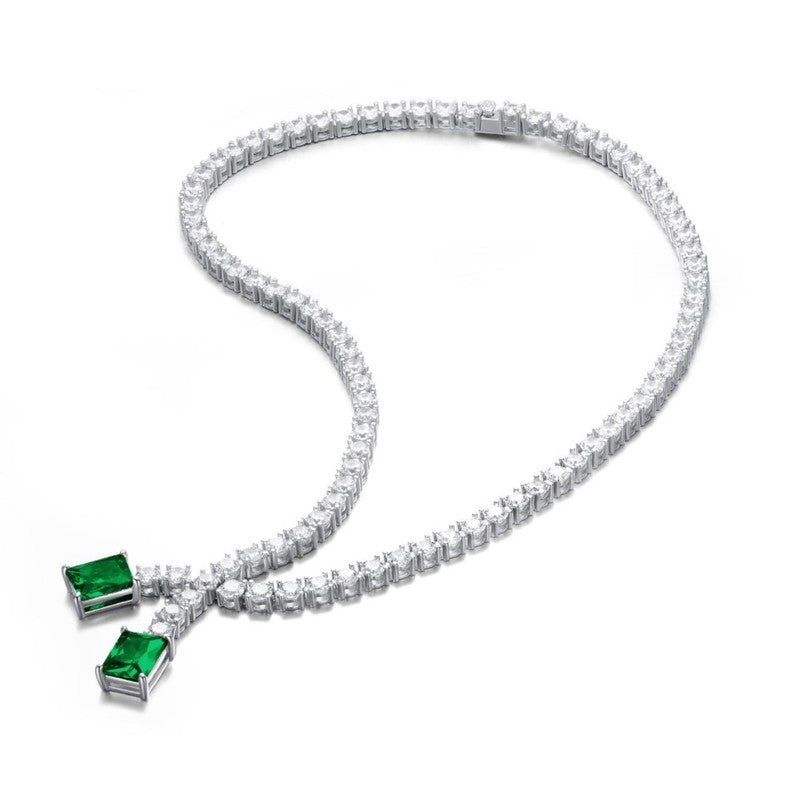 Sterling Silver White Gold Plating with Colored Cubic Zirconia Two-Stone Tennis Necklace