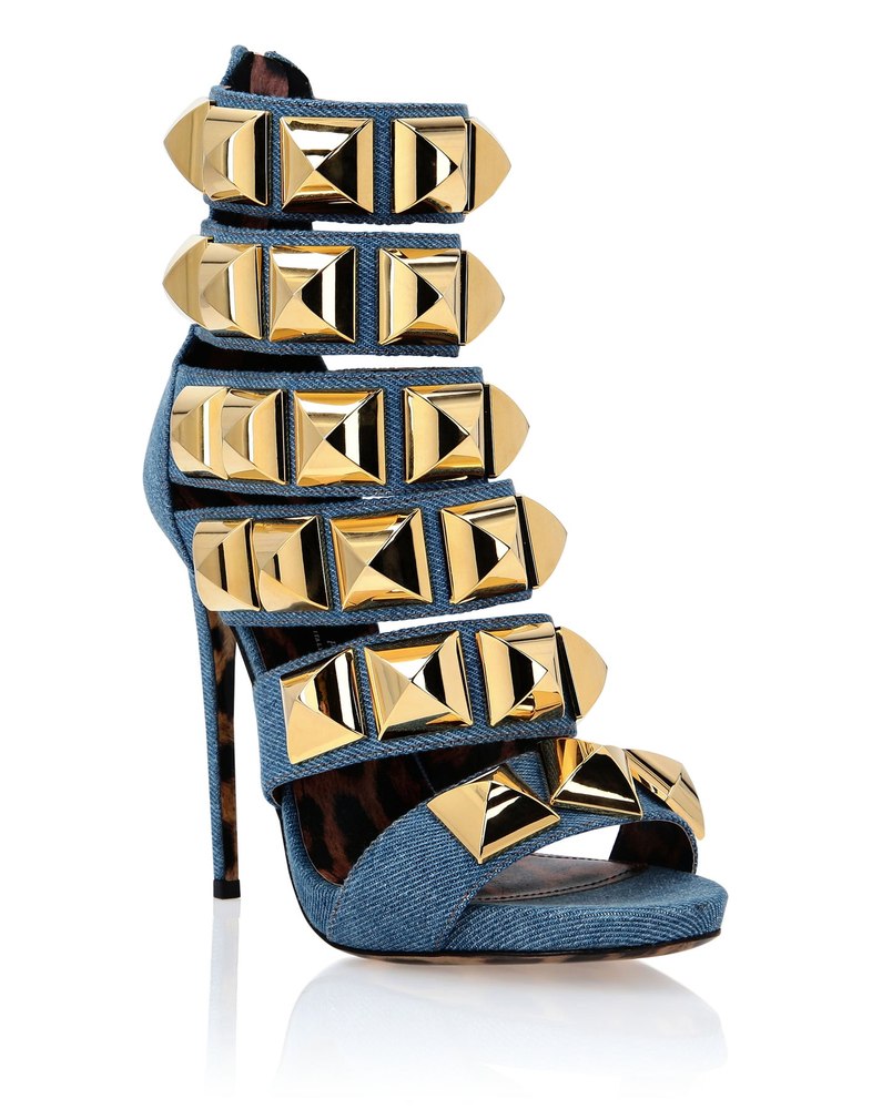 Denim Sandals High Heels Studs