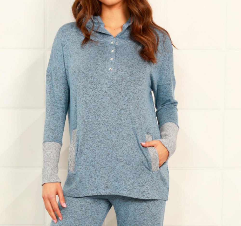 Button Ribbed Hoodie With Pocket In Wind/tin
