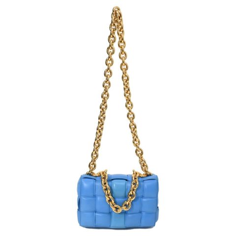 Bottega Veneta Padded Chain Cassette Shoulder Bag in Blue Leather