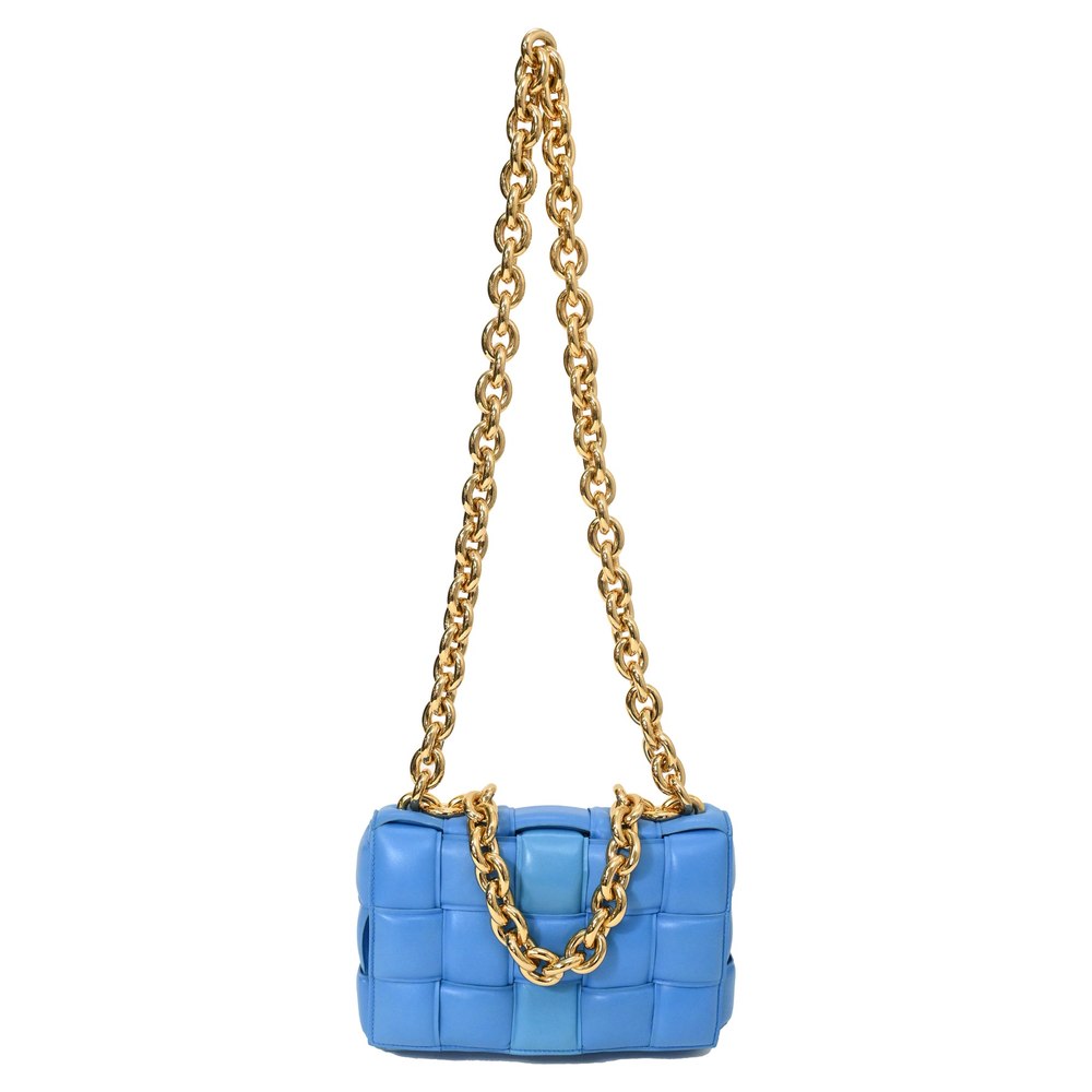 Bottega Veneta Padded Chain Cassette Shoulder Bag in Blue Leather