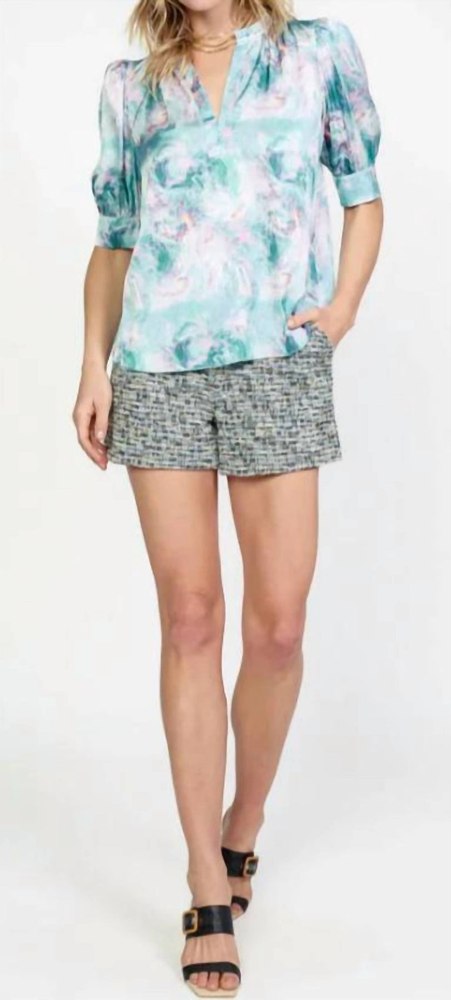 Abstract Printed Short Sleeve Ruffled Split Neck Blouse In Ocean Multi