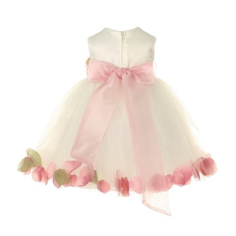 Baby Girls Ivory Dusty Rose Petal Adorned Satin Tulle Flower Girl Dress 6-24M