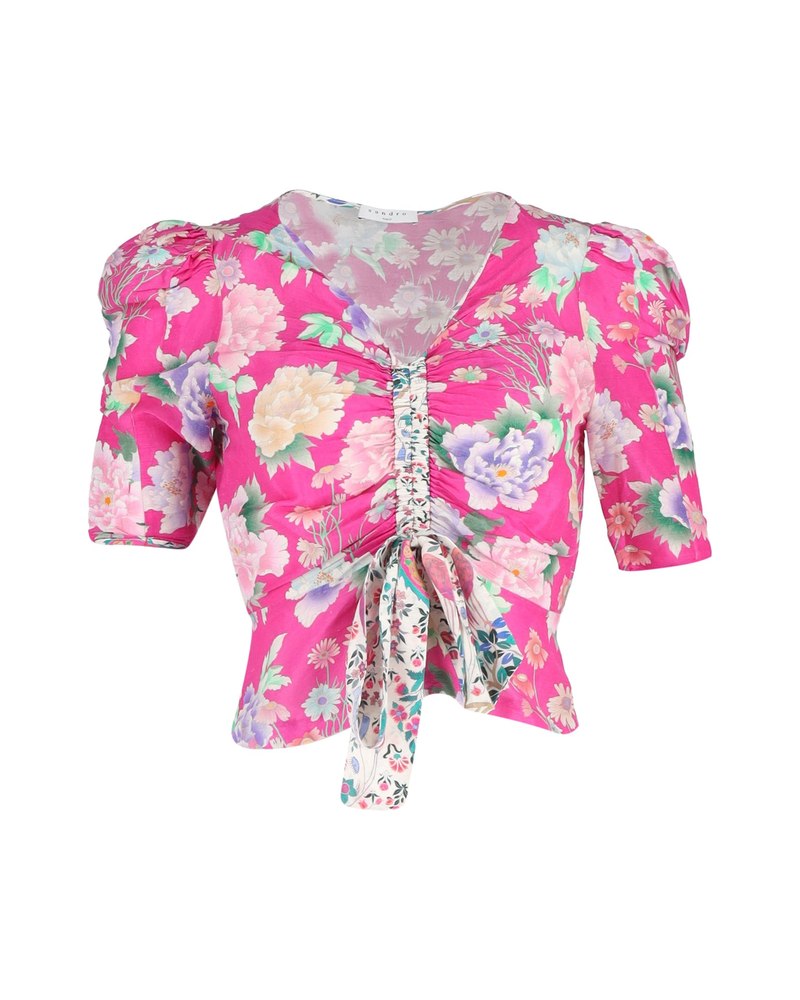 Sandro Paris Becky Floral Print Puff-sleeve Top In Pink Linen 7748716134460