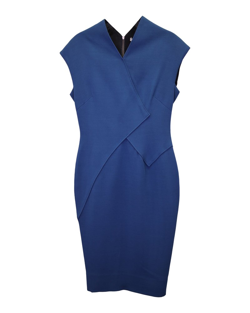 Victoria Beckham Cap Sleeve Midi Dress in Blue Wool 7748738089020