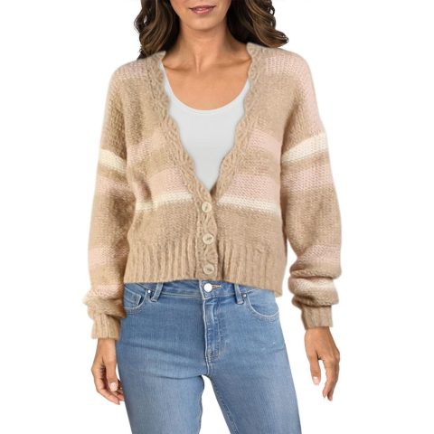 Wool Blend Scalloped Trim Cardigan Sweater
