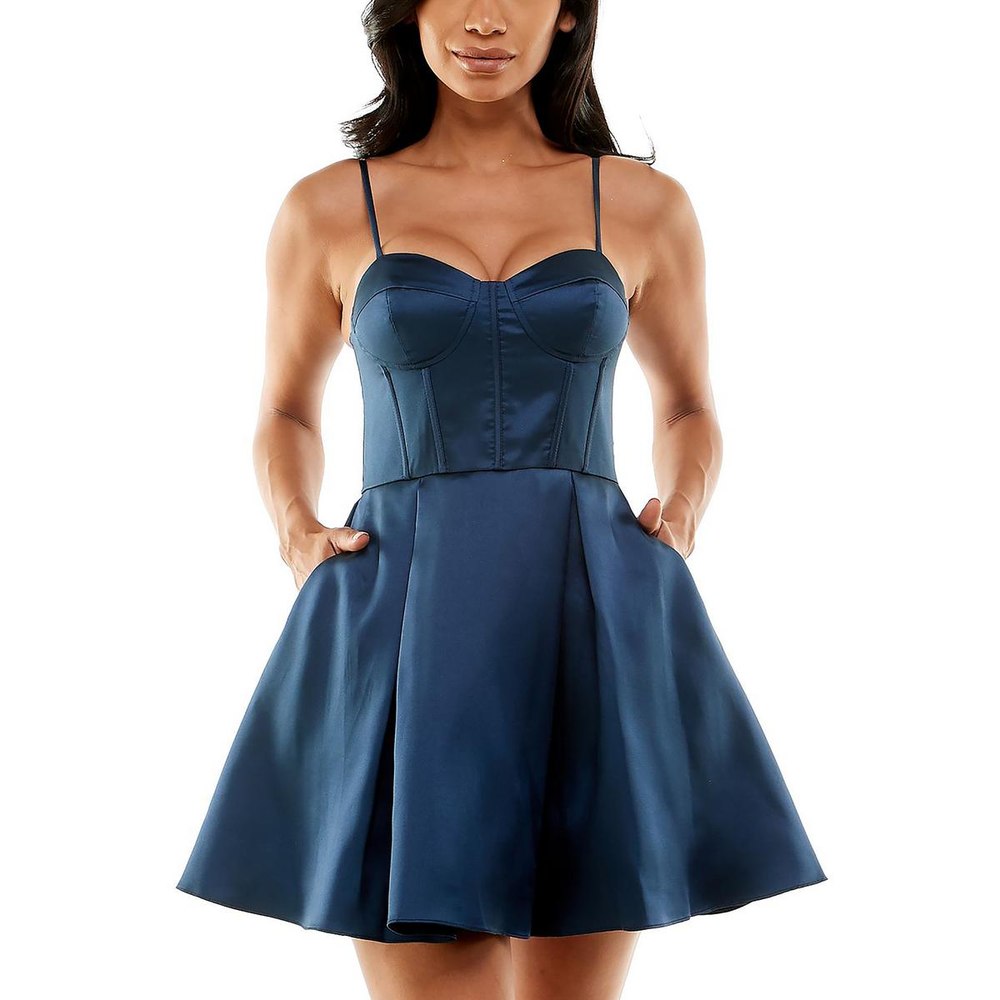 Juniors Satin Corset Seamed Fit & Flare Dress