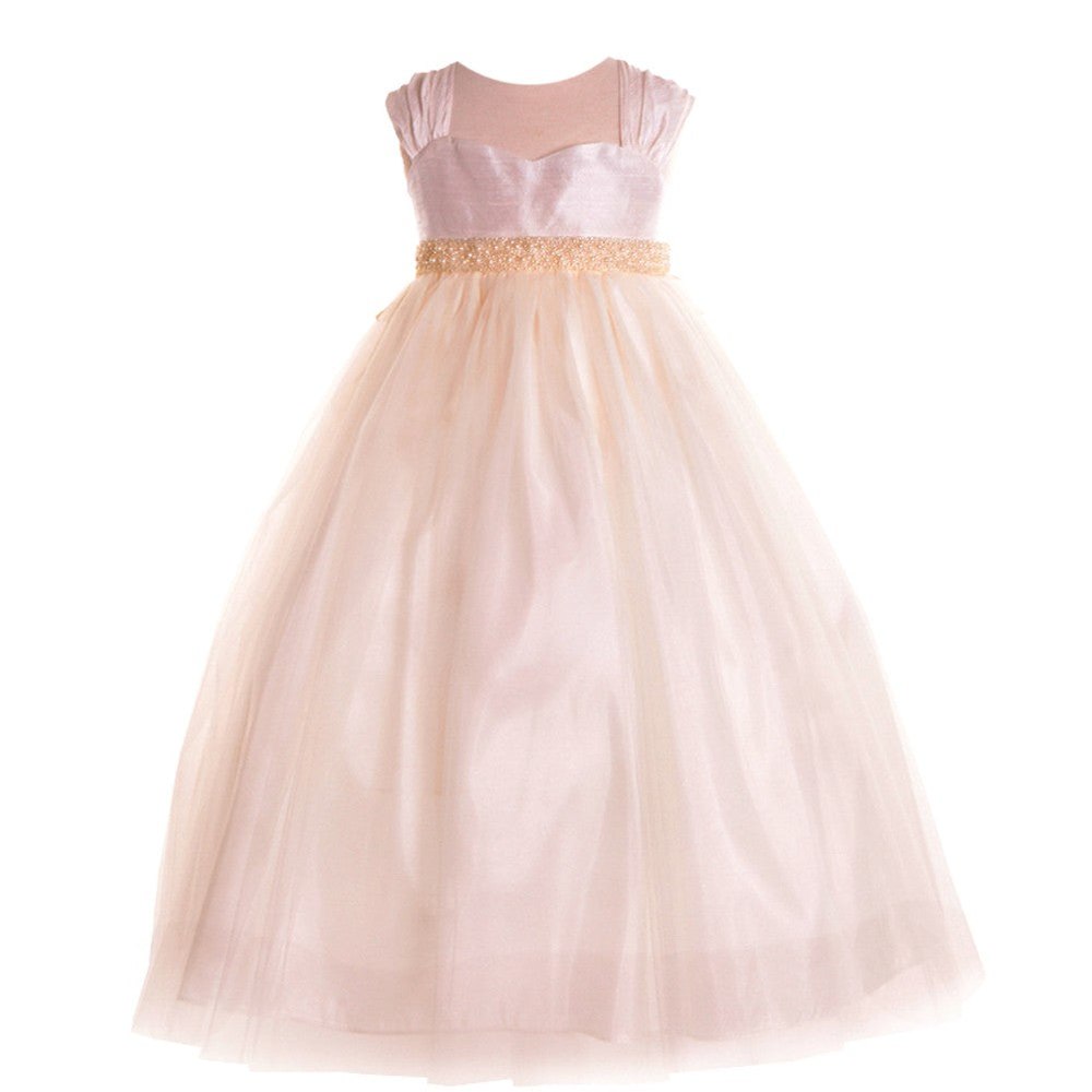 Little Girls Ivory Raw Silk Tulle Flower Girl Dress 2T-6