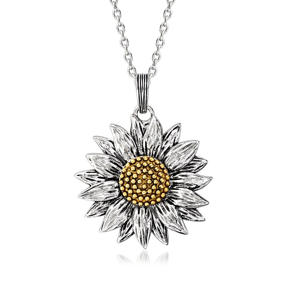 Ross-Simons Sterling Silver and 14kt Yellow Gold Sunflower Pendant Necklace