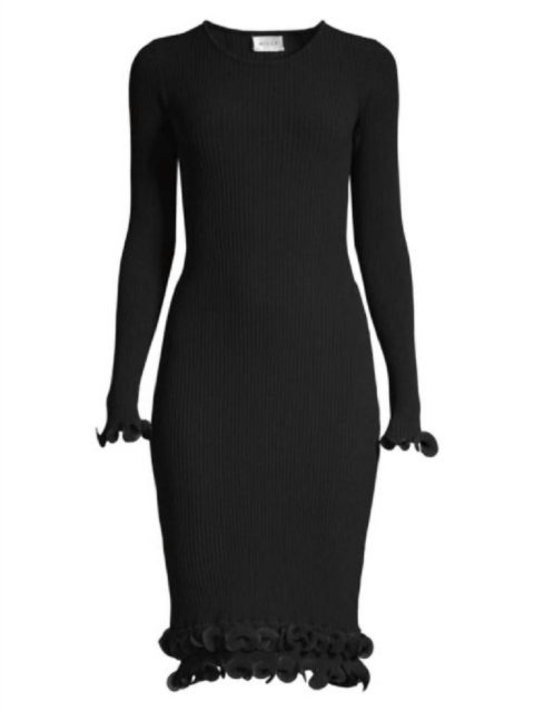 Women’s Wired Edge Long Sleeve Ribbed Fitted Bodycon Dress In Black