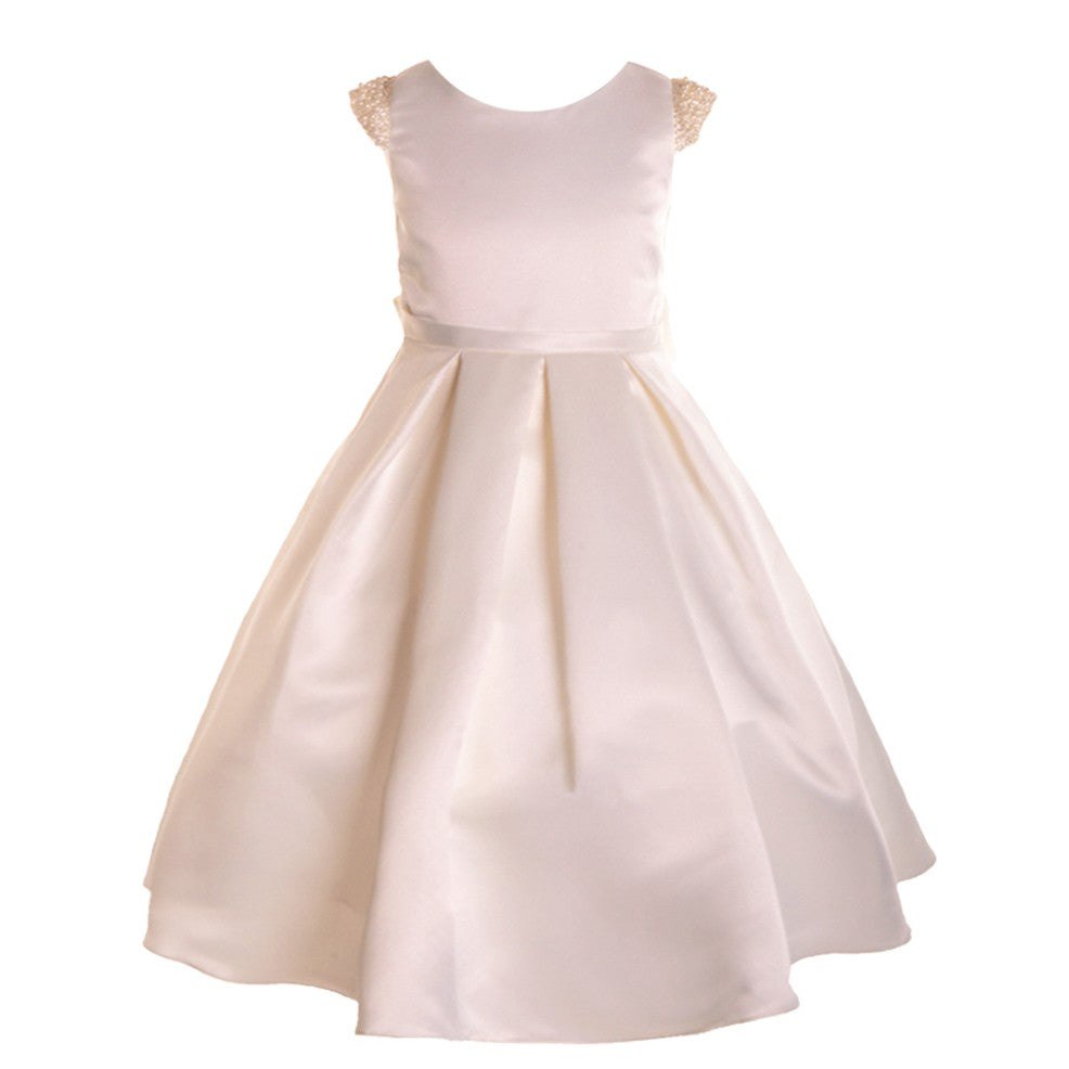 Little Girls Ivory Dull Satin Beaded Flower Girl Dress 2T-6