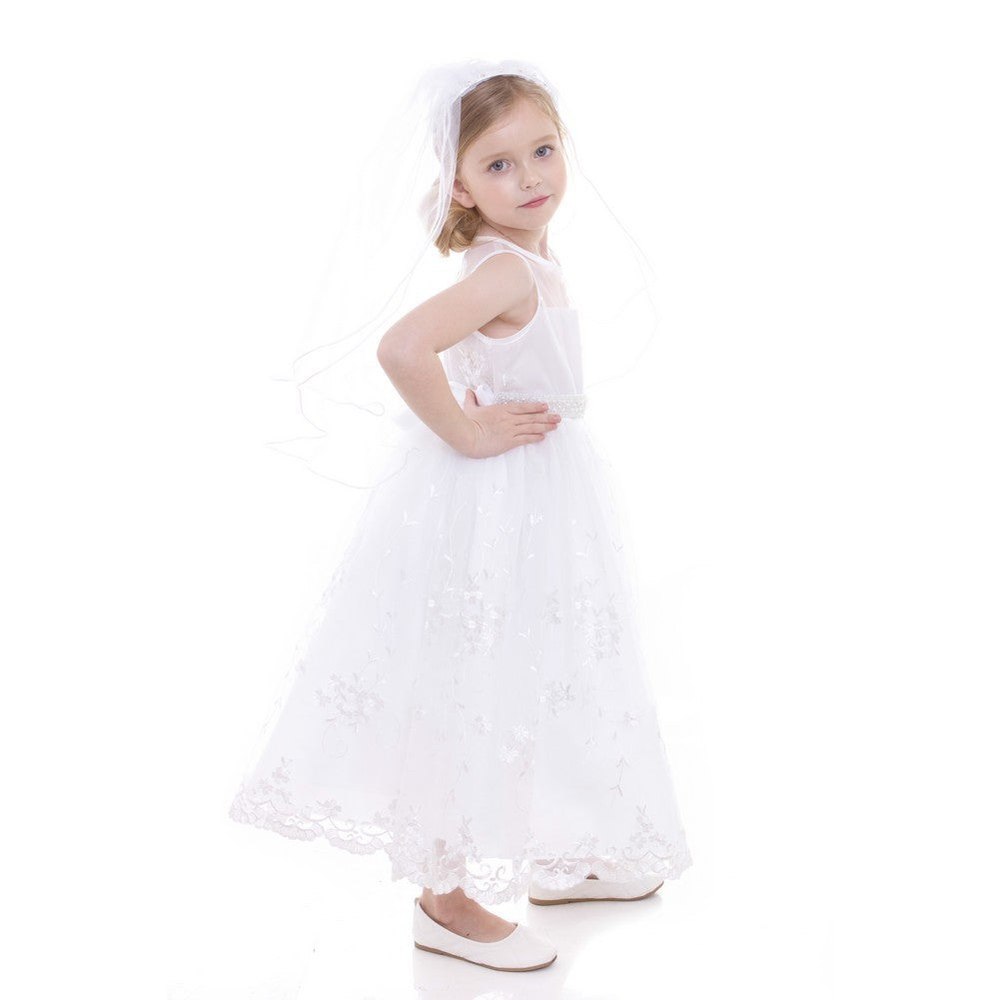 Little Girls White Lace Pearl Belt Flower Girl Dress 2T-6