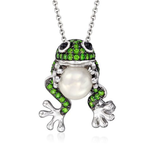 Ross-Simons 9mm Cultured Pearl and . Chrome Diopside Frog Pin/Pendant Necklace With Onyx in Sterling Silver. 18 inches