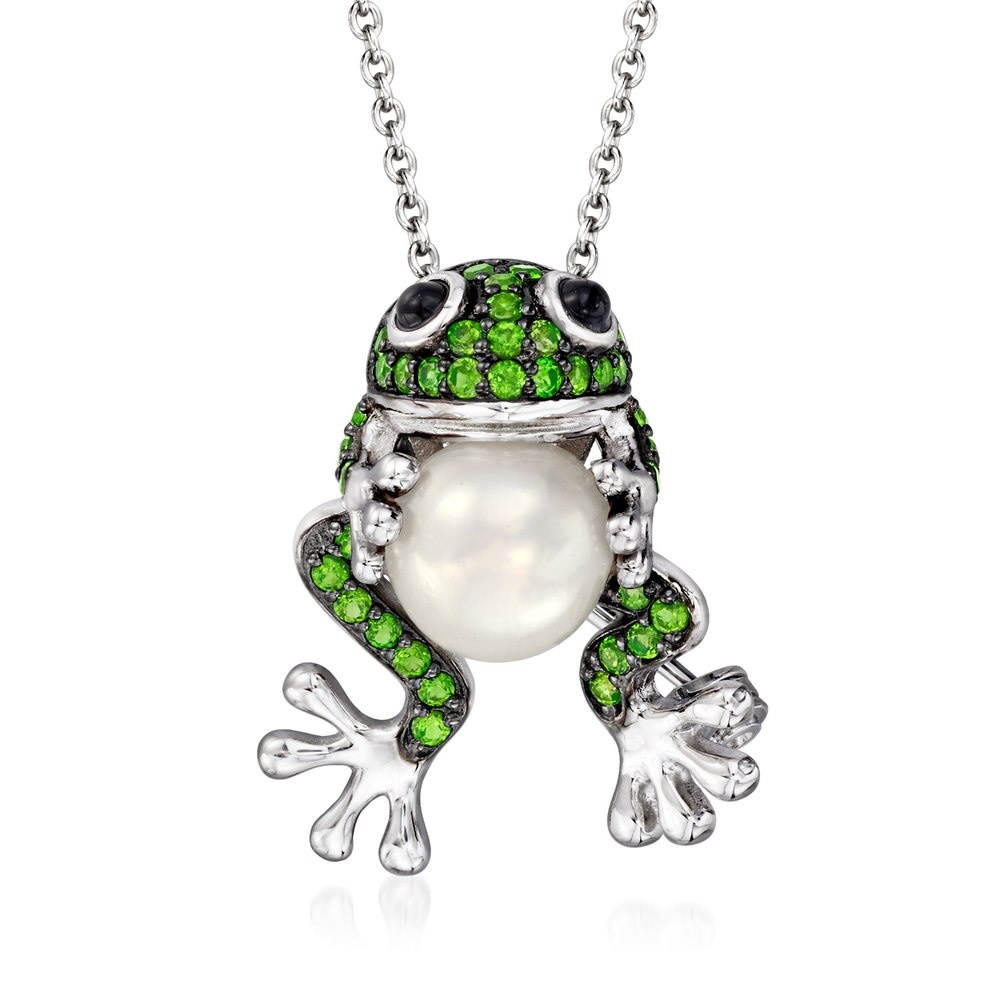 Ross-Simons 9mm Cultured Pearl and . Chrome Diopside Frog Pin/Pendant Necklace With Onyx in Sterling Silver. 18 inches