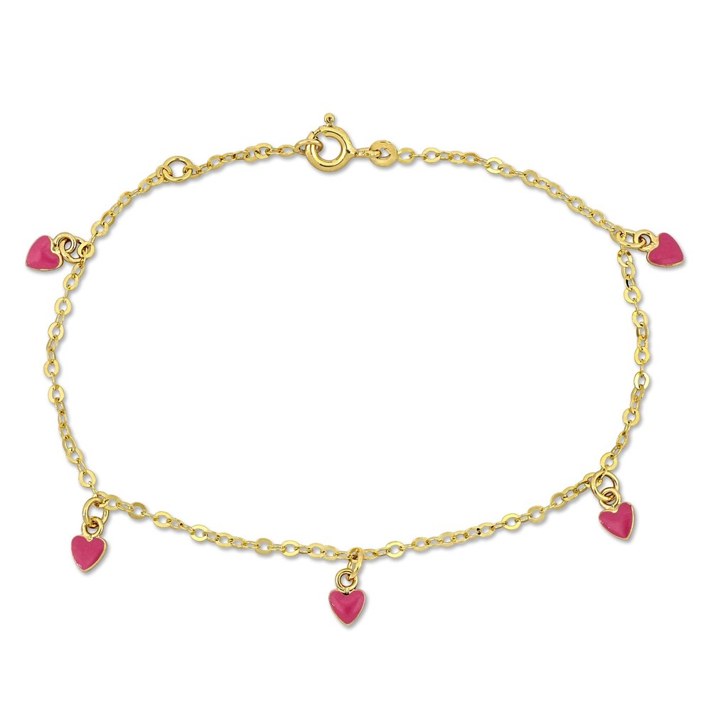 Mimi & Max Children’s Pink Enamel Heart Charm Link Chain Station Bracelet in 14k Yellow Gold – 6.5+0.5 in.