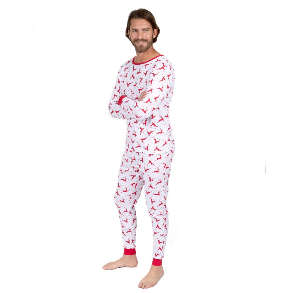 Christmas Mens Two Piece Cotton Pajamas Reindeer Red and White