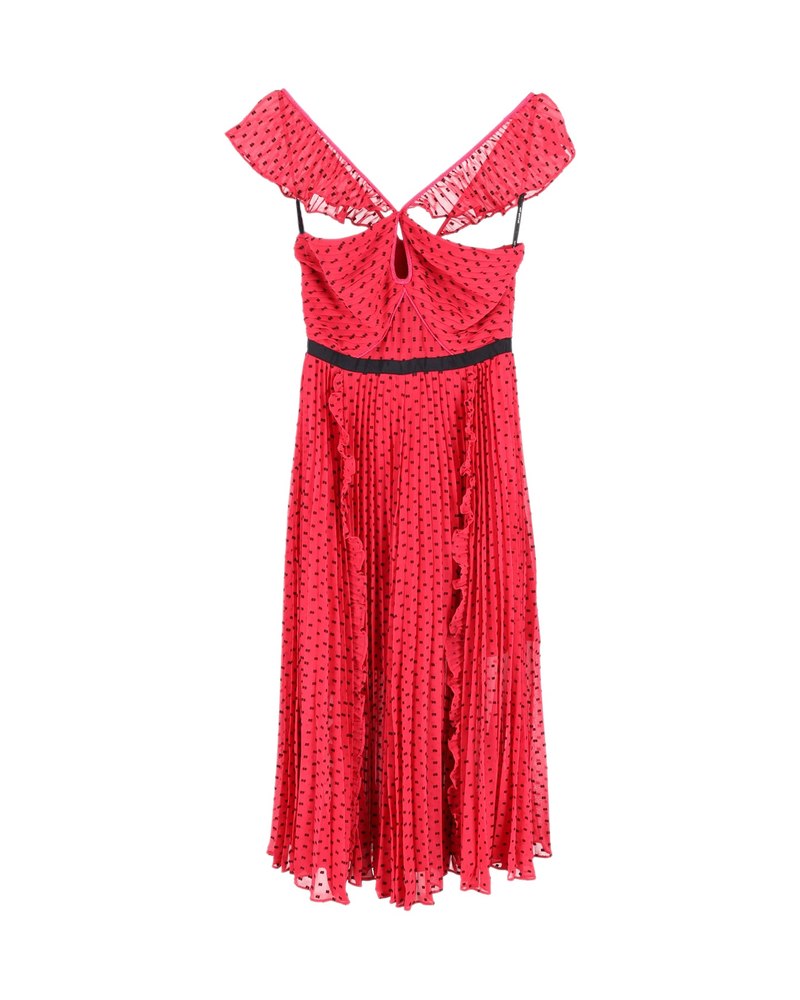 Self-Portrait Ruffle Trimmed Pleated Dress in Pink Polyester
