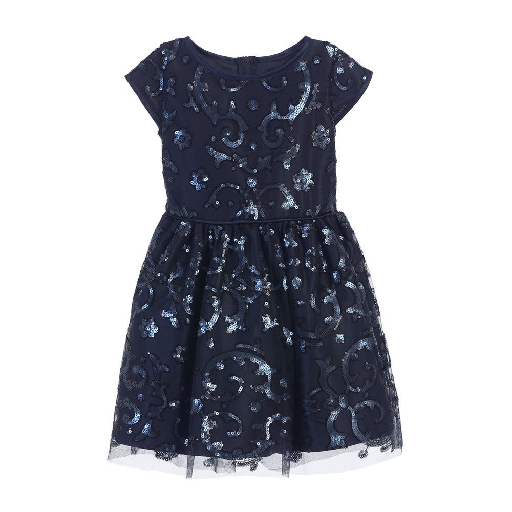 Little Girls Navy Sparkle Sequin Mesh Satin Occasion Dress 4-6