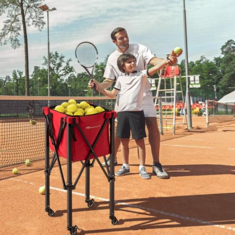 Lightweight Foldable Tennis Ball Teaching Cart with Wheels and Removable Bag-Red 7672881938492