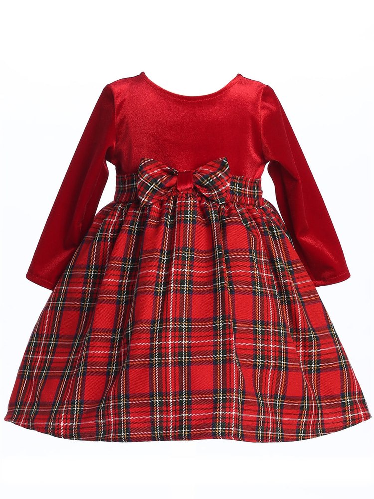 Baby Girls Red Stretch Velvet Plaid Pattern Bow Occasion Dress 3-24M