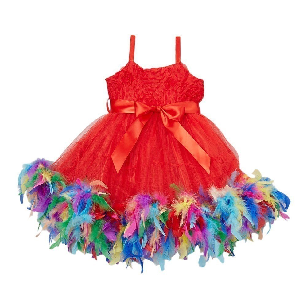 Girls Red Rainbow Color Feather Rosette Flower Girl Dress 12M-7