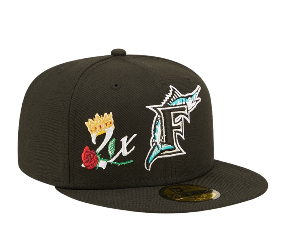 New Era 59Fifty MLB Florida Marlins 2X Champs Black Fitted Hat 60243486 7676491431996