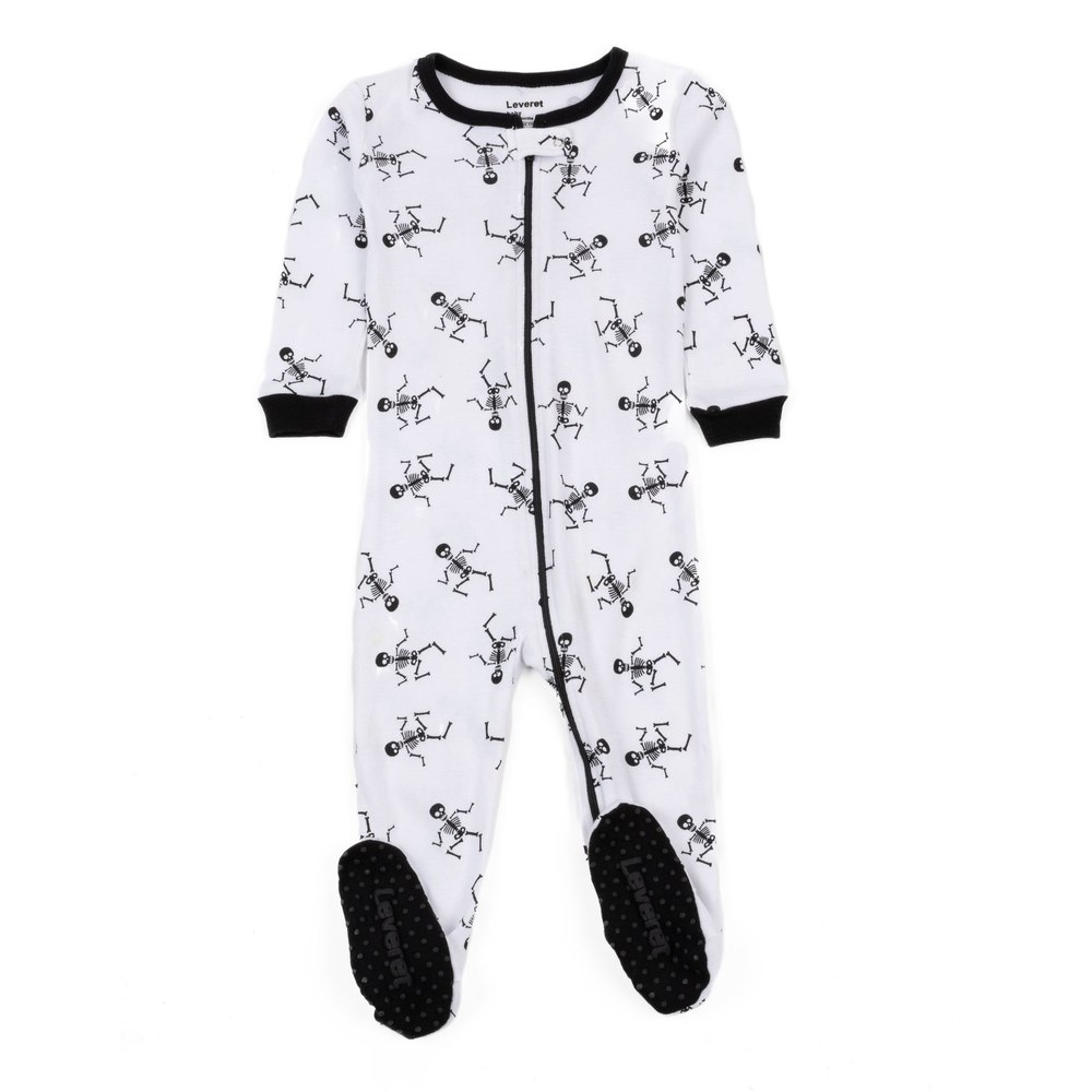 Kids Footed Cotton Pajamas Skeleton White