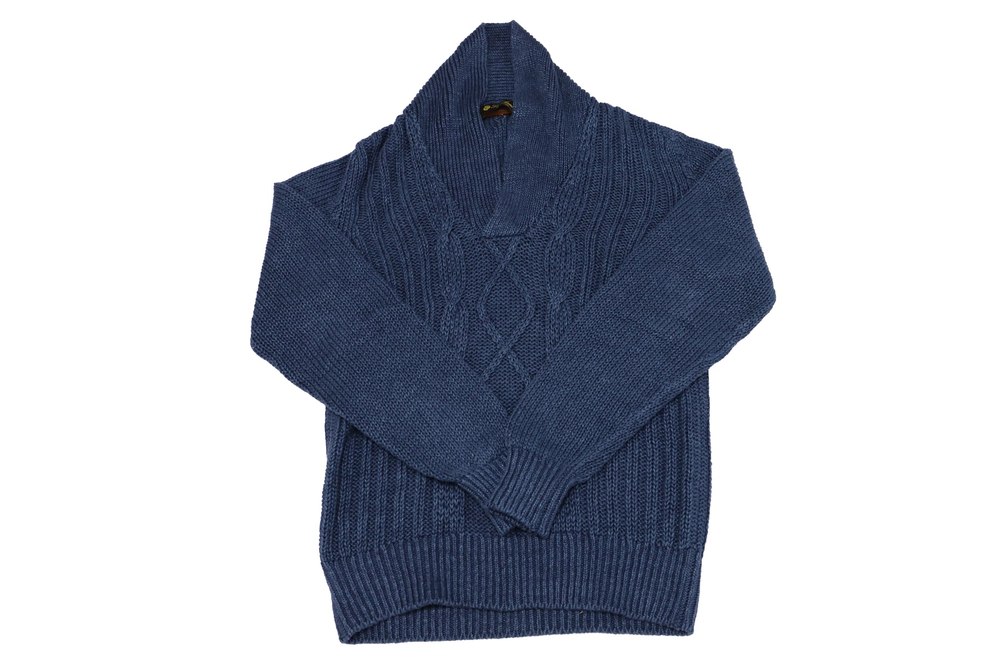Loro Piana Ribbed V Neck Cable Knit Sweater in Blue Linen 7766494904380