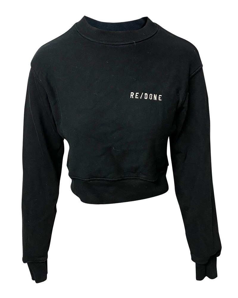 Re/done Cropped Crewneck Sweatshirt in Black Cotton 7766496772156