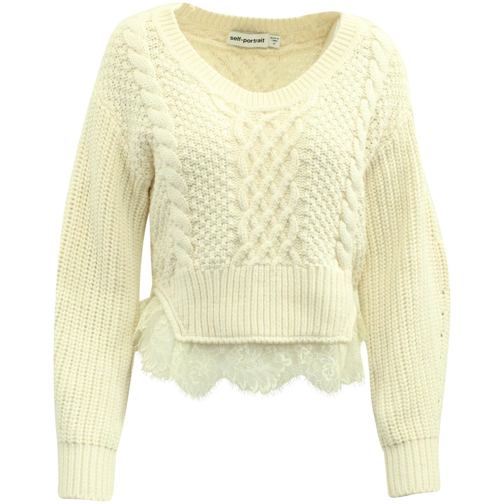Self-Portrait Lace-Trimmed Crochet Knit Sweater in Cream Wool 7766497132604