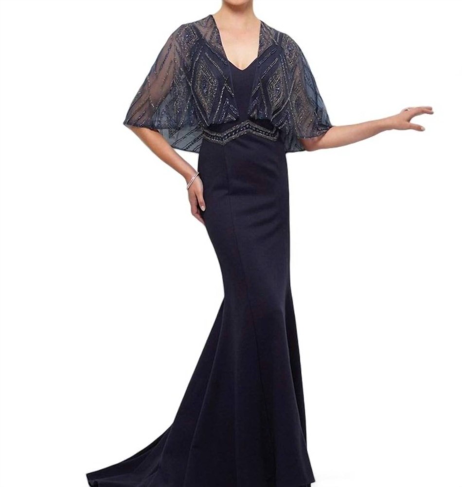 Sleeveless Crepe Fit And Flare Gown With Cape In Navy 7676560998460