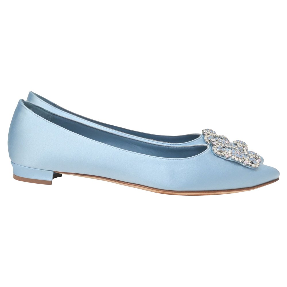 Manolo Blahnik Hangisi Flats in Light Blue Satin 7766522101820